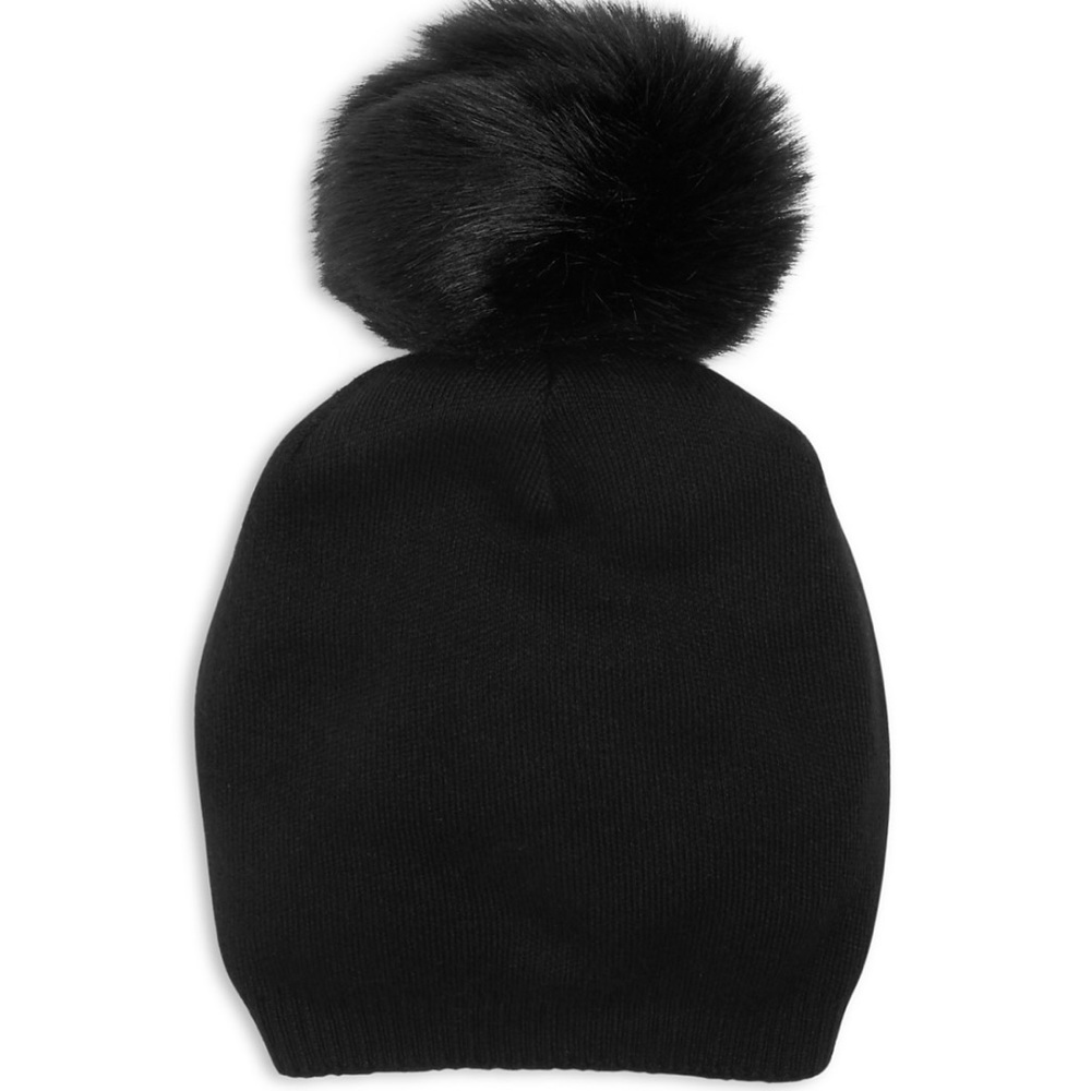 NWT Cashmere faux fur pom pom beanie hat in black